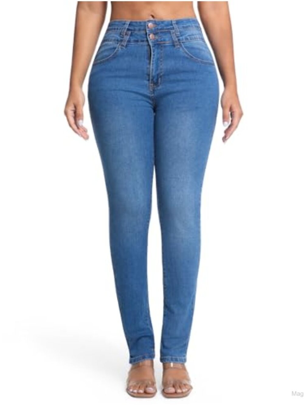 High Waisted Skinny Jeans 2 Button Butt Lift Stretch Denim